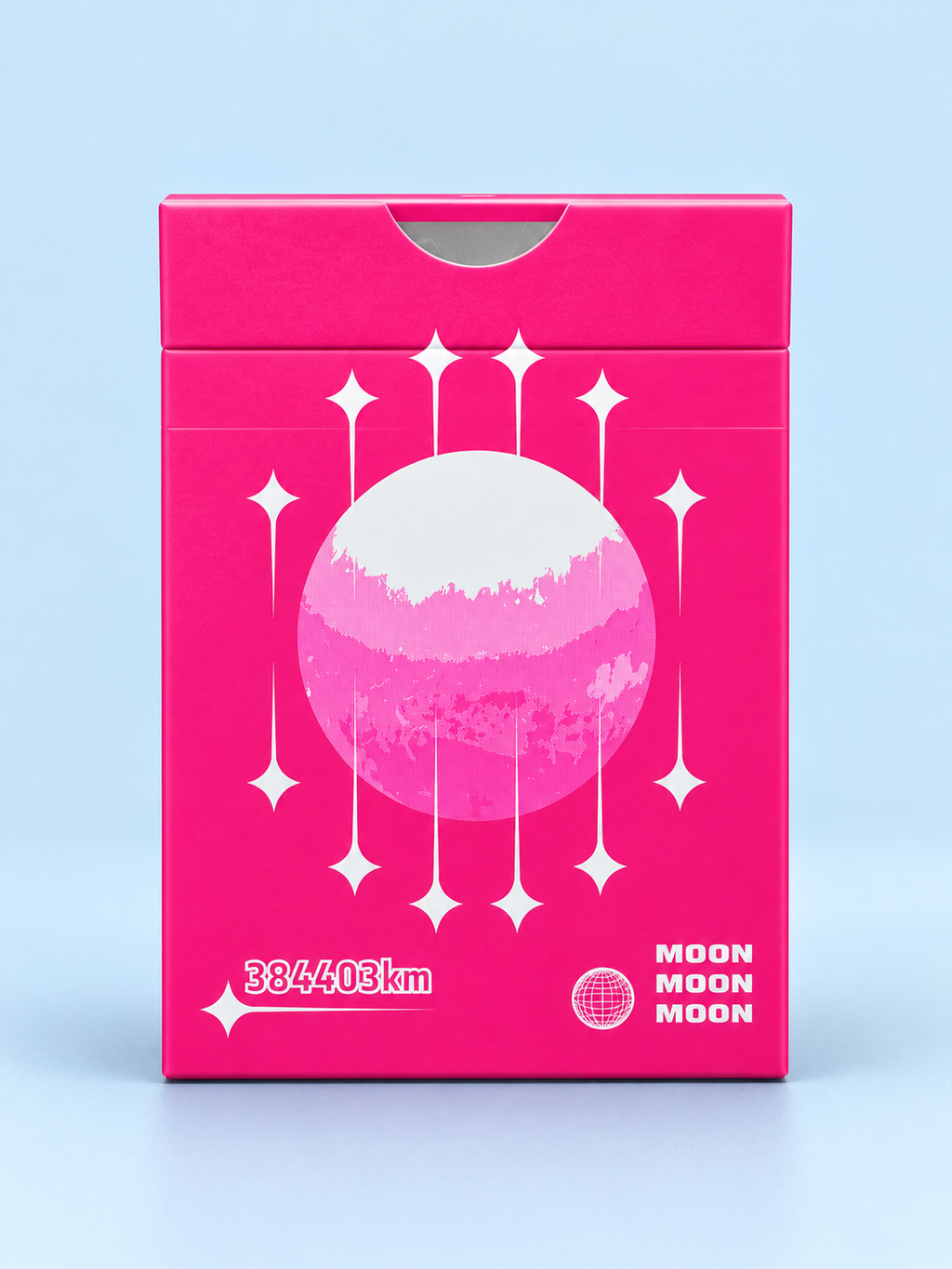 Back of Moon Pink Standard Playing Cards by Hiddenlight featuring a vibrant neon pink tuck box, white lunar artwork, decorative stars and retro-futuristic design.