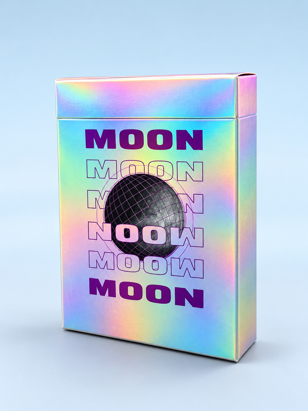 Moon White Holo Playing Cards by Hiddenlight featuring an iridescent rainbow holographic tuck box, purple MOON lettering and a central black wireframe lunar sphere design.