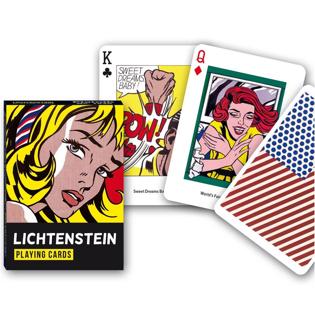 Piatnik Roy Lichtenstein Playing Cards showing the illustrated tuck box, King of Clubs, Queen of Diamonds and colourful patterned card back on a white background.