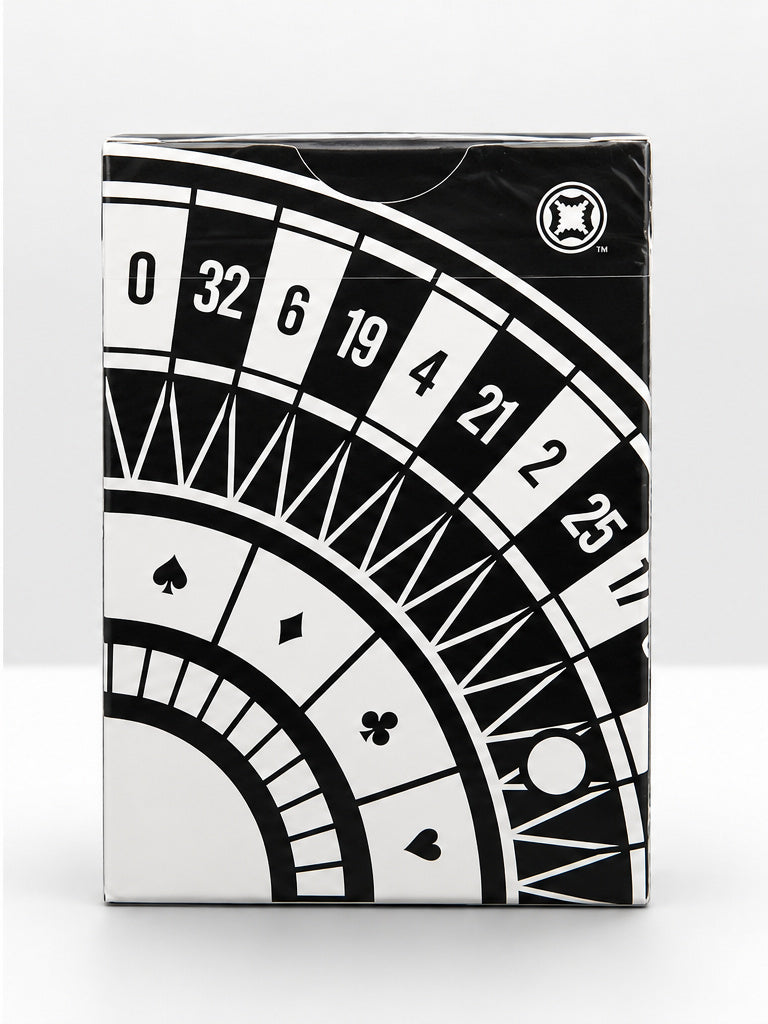Back view of Roulette Fanimation Playing Cards by Mechanic Industries showing the black and white roulette wheel design with numbered sections and card suits.