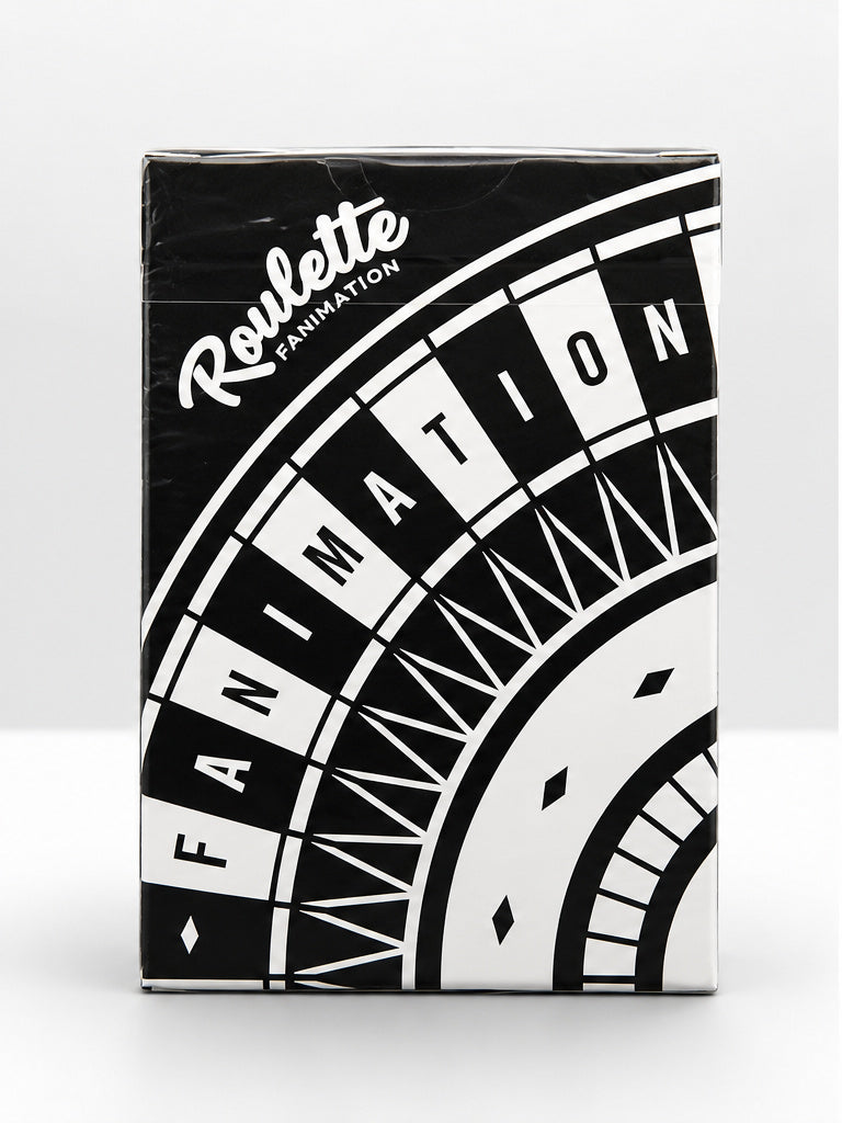 Front view of Roulette Fanimation Playing Cards by Mechanic Industries featuring the black and white roulette wheel tuck box design.