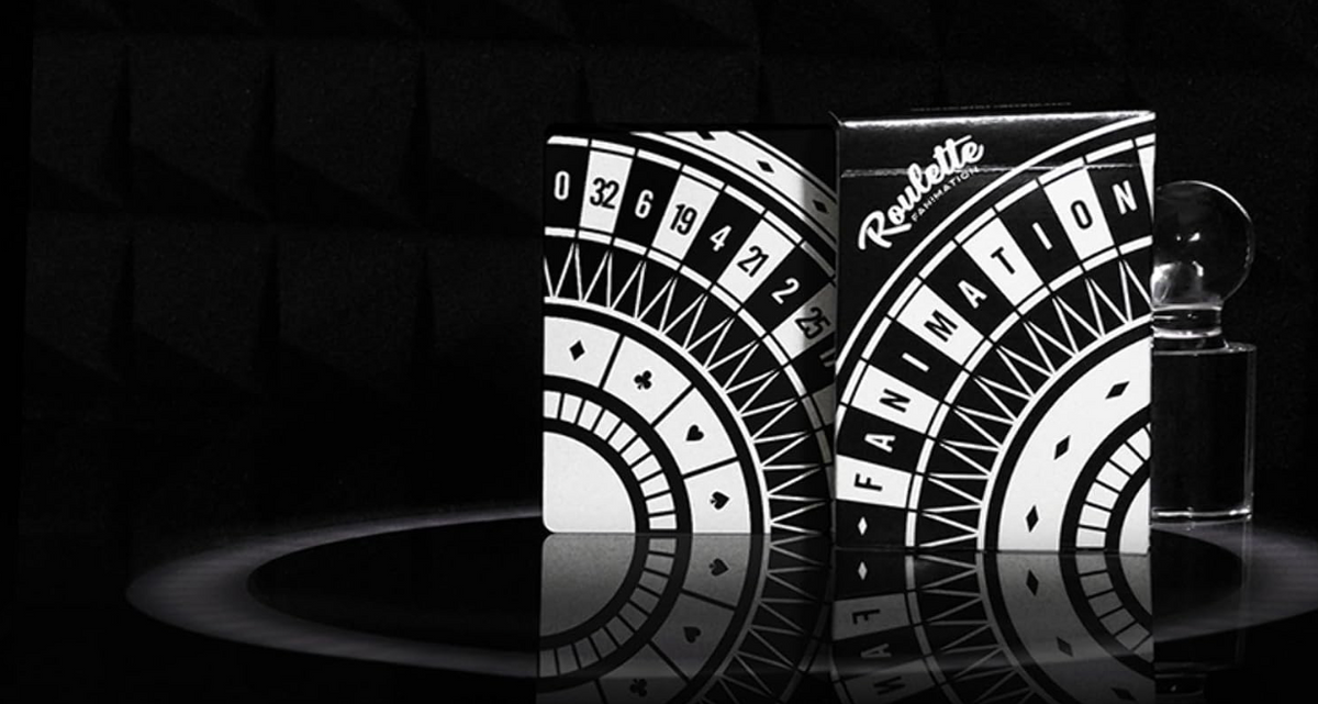Roulette Fanimation Playing Cards by Mechanic Industries showing the front and back of the black and white roulette-themed tuck box with mirrored reflections.