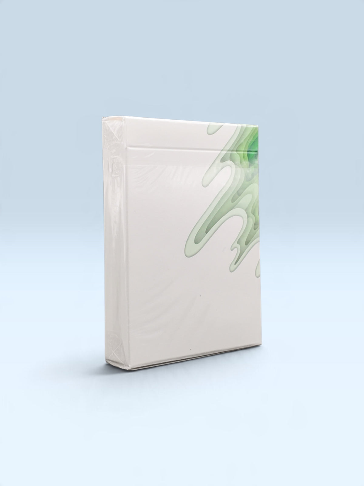 Back of the SIRIUS-B V4 Spring Edition Playing Cards by Riffle Shuffle, showing the white tuck box with green abstract artwork