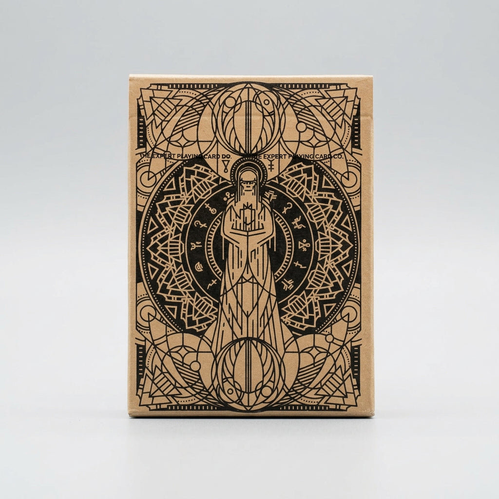 Back of the Salem Playing Cards tuck box, featuring intricate black geometric line art and a central cloaked figure on a kraft-coloured background
