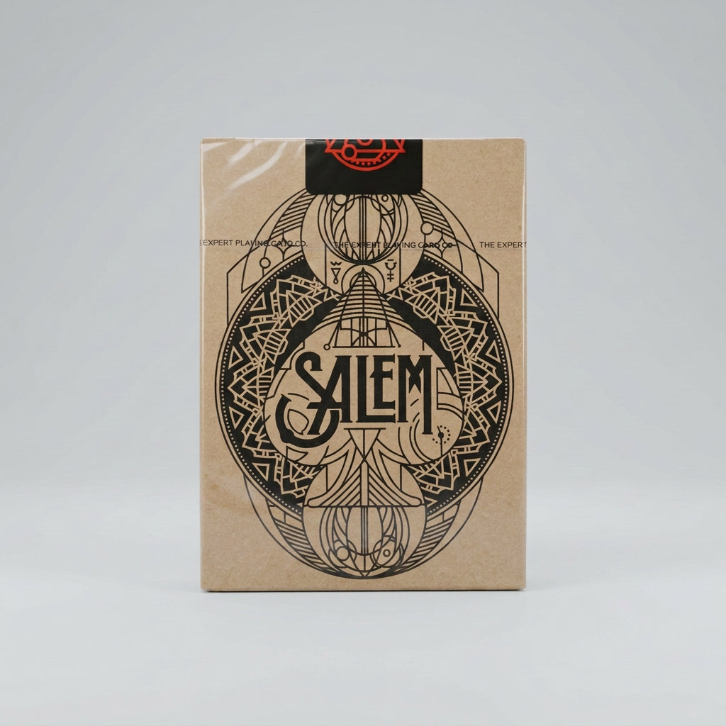 Square kraft-coloured Salem Playing Cards tuck box with black ornamental line art, SALEM lettering and a red-and-black seal at the top
