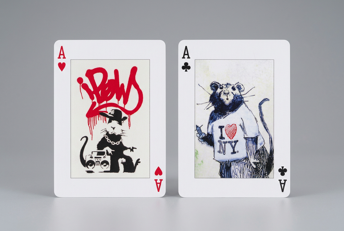 Piatnik More Banksy playing cards showing the ace of hearts with a boombox rat and ace of clubs with a rat wearing an I Love NY T-shirt