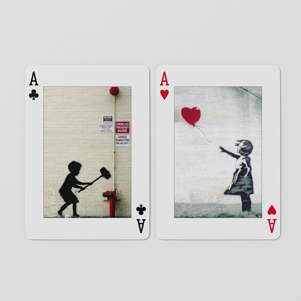 Piatnik Banksy First Collection playing cards showing the king of spades with a kneeling hooded figure beside graffiti and king of hearts with a girl blowing heart-shaped bubbles