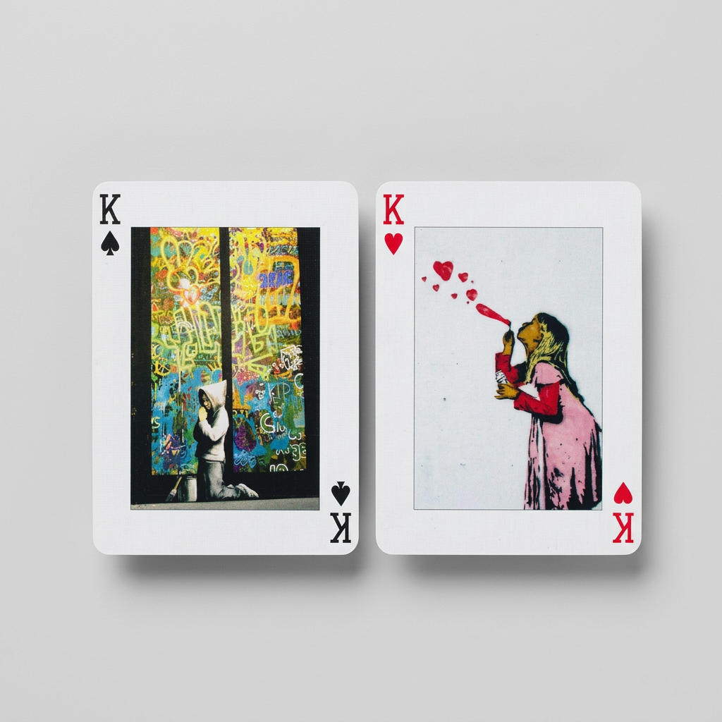 Piatnik Banksy First Collection playing cards showing the king of spades with a kneeling hooded figure beside graffiti and king of hearts with a girl blowing heart-shaped bubbles