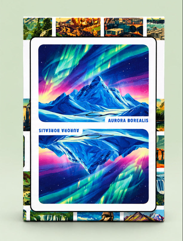 Travel the World Volume 1 Aurora Borealis playing cards by Midnight Cards showing the Northern Lights artwork on the back of the tuck box.