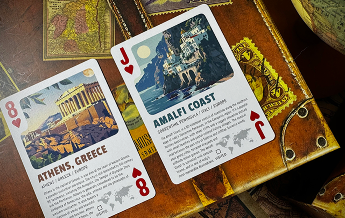 Travel the World Volume 1 playing cards by Midnight Cards featuring the Eight of Hearts with Athens, Greece, and Jack of Hearts with the Amalfi Coast, Italy.