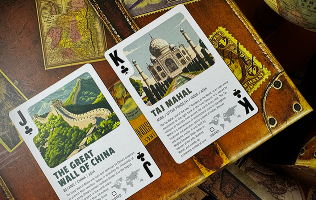 Travel the World Volume 1 playing cards by Midnight Cards featuring the Jack of Clubs with the Great Wall of China and King of Clubs with the Taj Mahal in India.