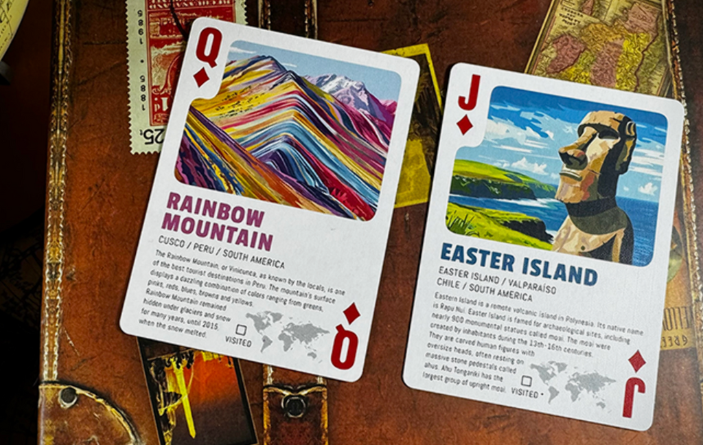 Travel the World Volume 1 playing cards by Midnight Cards featuring the Queen of Diamonds Rainbow Mountain in Peru and Jack of Diamonds Easter Island in Chile.