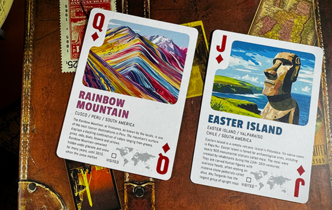 Travel the World Volume 1 playing cards by Midnight Cards featuring the Queen of Diamonds Rainbow Mountain in Peru and Jack of Diamonds Easter Island in Chile.