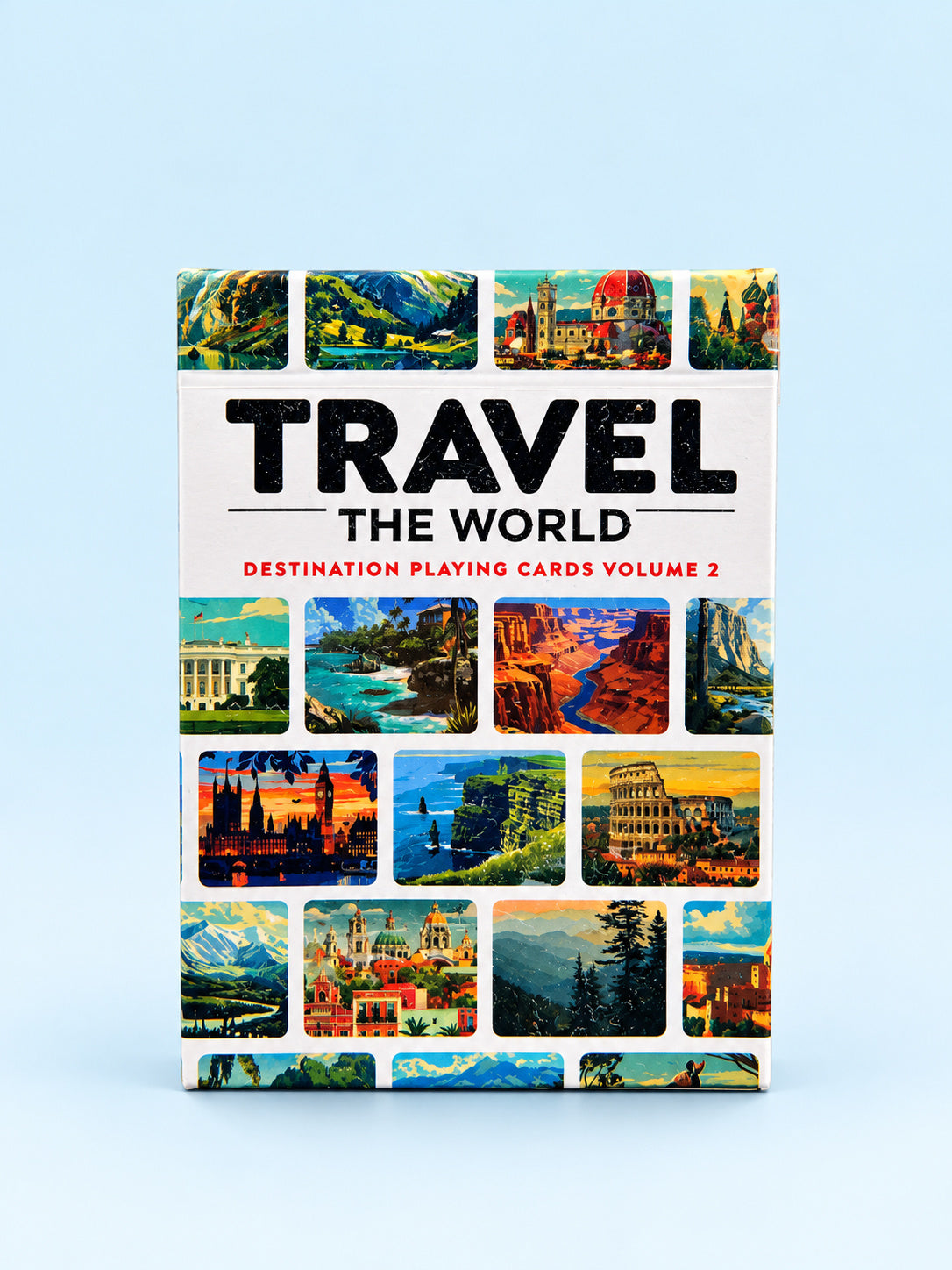 Travel the World Volume 2 playing cards deck featuring colourful illustrations of famous landmarks, cities and destinations from around the world.