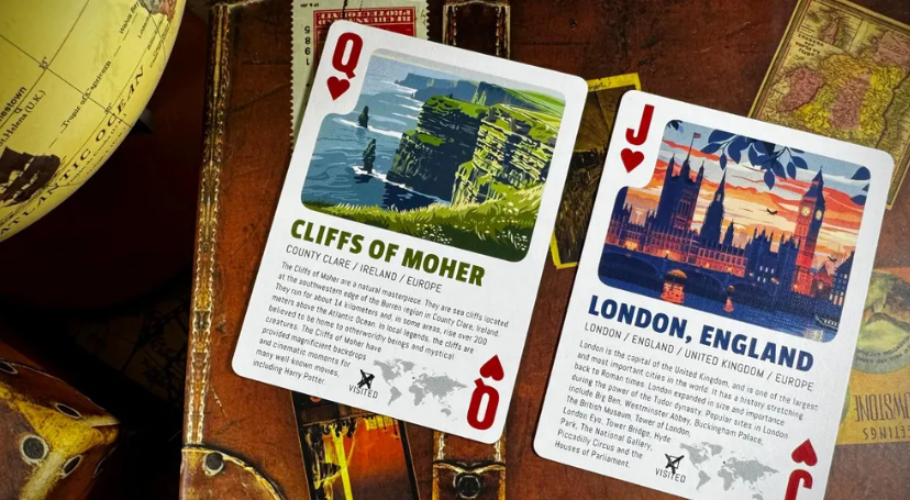 Travel the World Volume 2 playing cards featuring the Queen of Hearts with Ireland's Cliffs of Moher and Jack of Hearts showing London's Big Ben and Houses of Parliament.