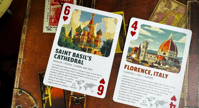 Travel the World Volume 2 playing cards featuring the 6 of Hearts with Saint Basil’s Cathedral in Moscow, Russia, and the 4 of Hearts showing Florence Cathedral in Italy.