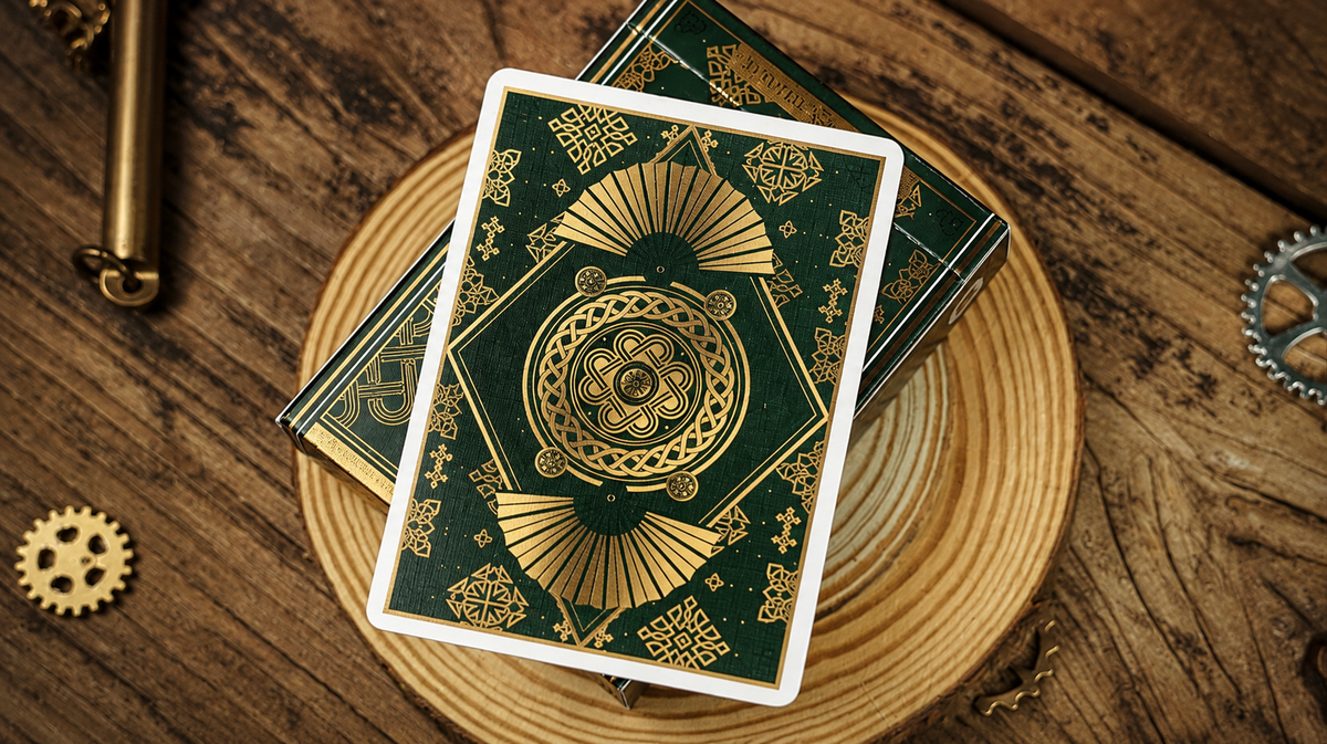Trend Green Playing Cards by TCC showing the ornate dark green and gold card back design, displayed over the matching limited-edition tuck box on a wooden surface