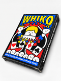 Angled front view of WHIKO Stage Thin Playing Cards by Bacon Magic, showing the colourful cartoon jester artwork, bold yellow WHIKO lettering and sealed black tuck box.