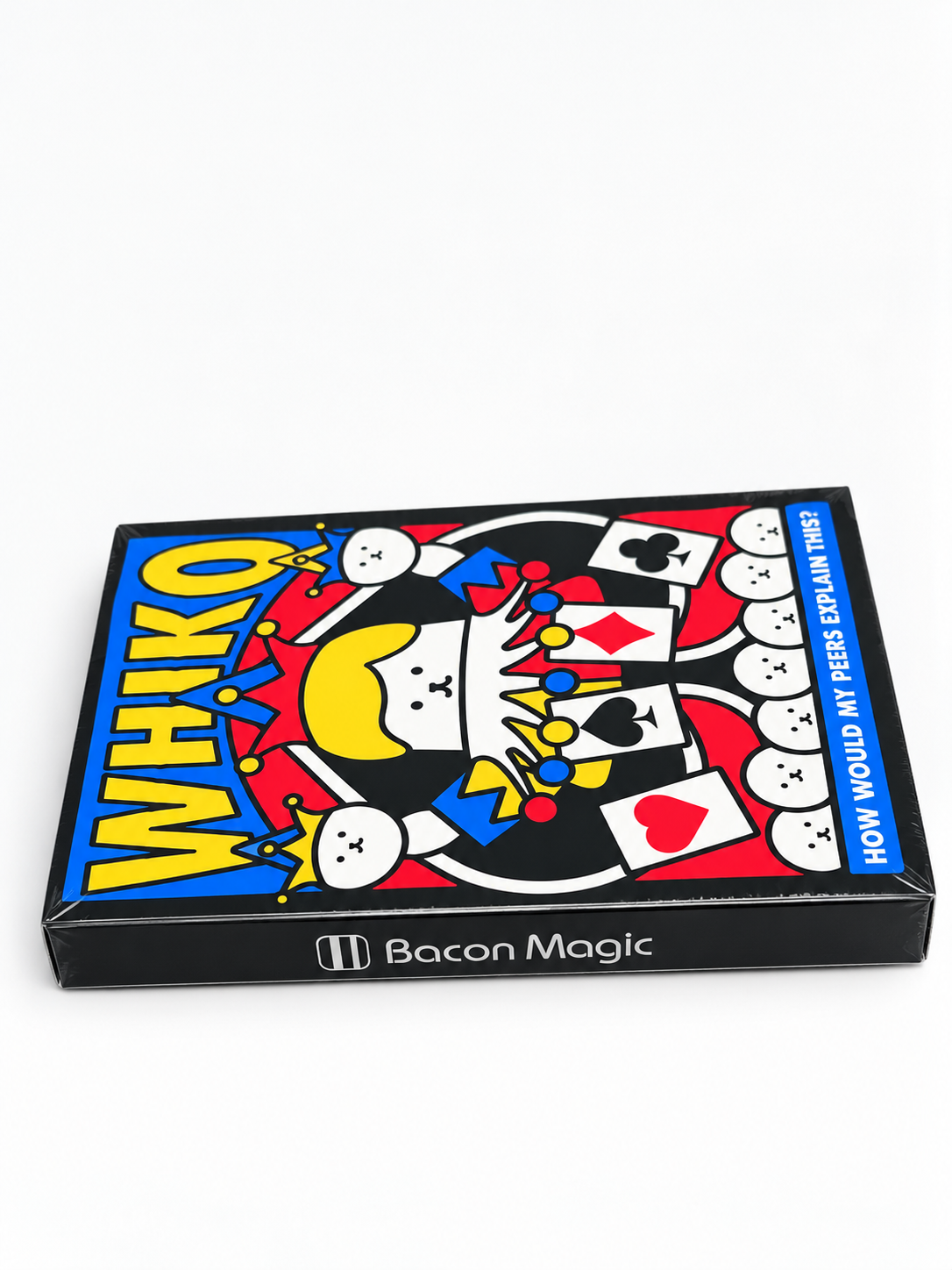 Angled side view of WHIKO Stage Thin Playing Cards featuring colourful cartoon jester artwork, bold yellow WHIKO lettering and Bacon Magic branding on the black sealed box.