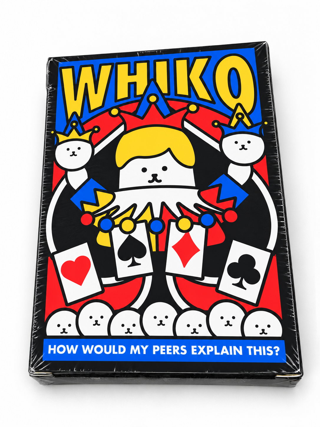Front view of WHIKO Stage Thin Playing Cards by Bacon Magic, featuring colourful cartoon jester artwork, bold yellow WHIKO lettering, playing card suit symbols and original sealed packaging.