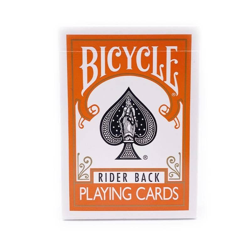 Front of Bicycle Rider Back Orange Playing Cards box showing iconic Bicycle spade design