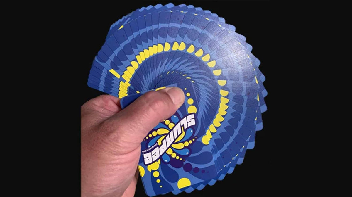 Bicycle Slurpee Blue Playing Cards displayed in a circular fan showing the custom card back design