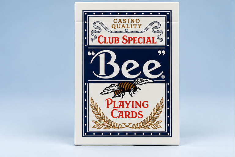 Rear of Bee Club Special Standard Index Blue Playing Cards showing the traditional blue diamond-back design, casino-quality packaging and USPCC seal.