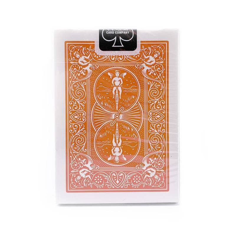 Back of Bicycle Rider Back Orange Playing Cards tuck box featuring orange Rider Back artwork