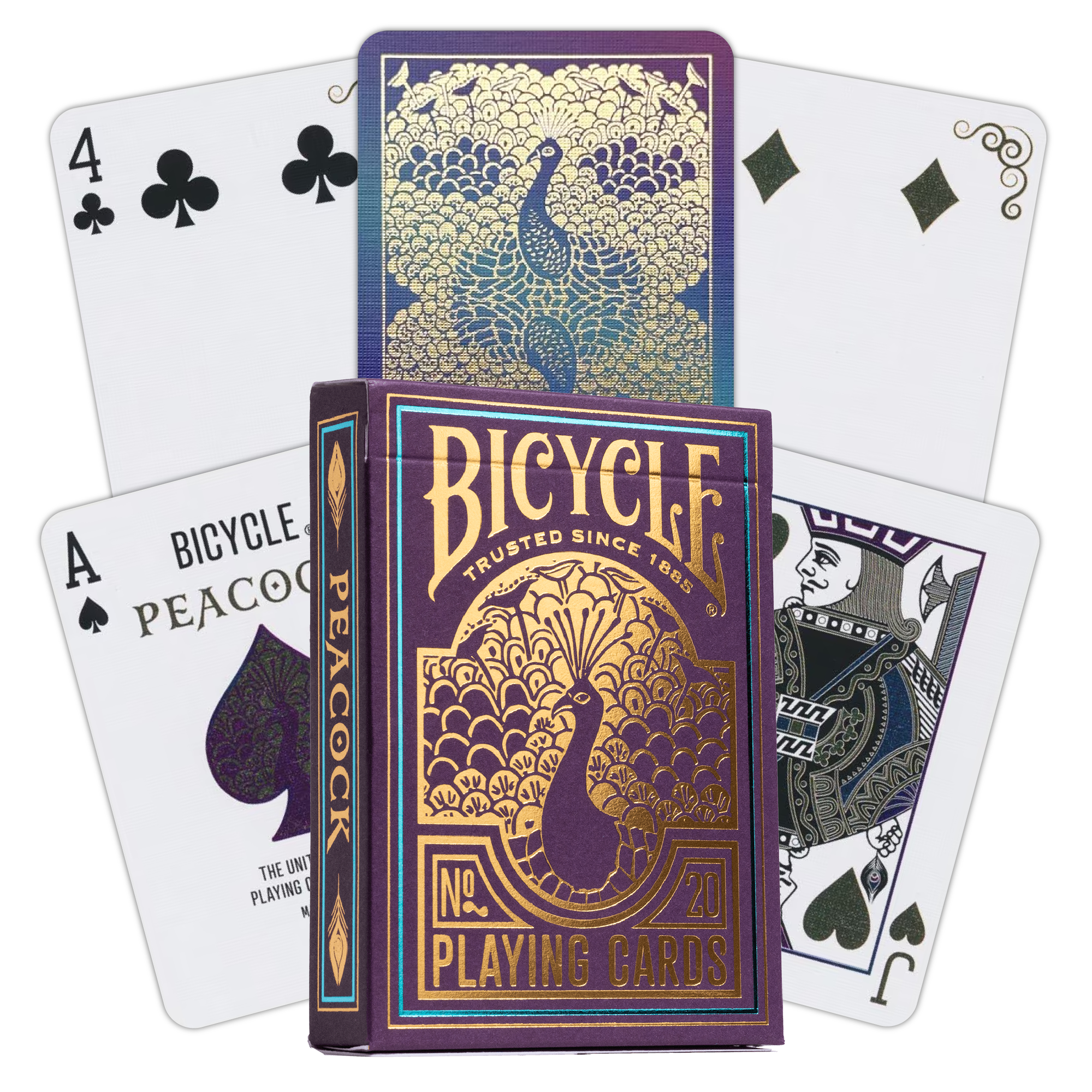 Bicycle Peacock playing cards with a deck of cards displayed