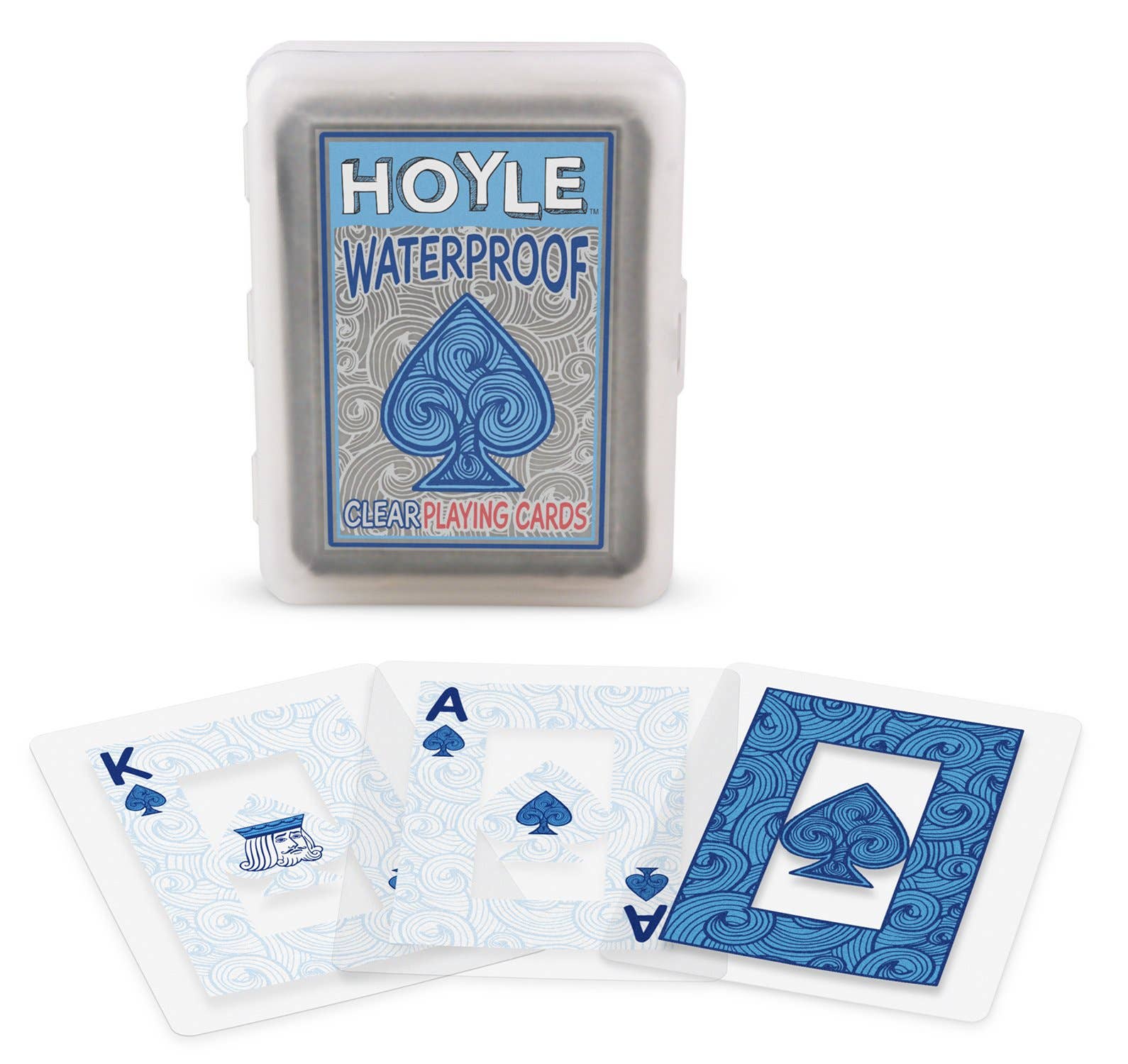 Hoyle Waterproof clear playing cards with blue spade logo on a white background