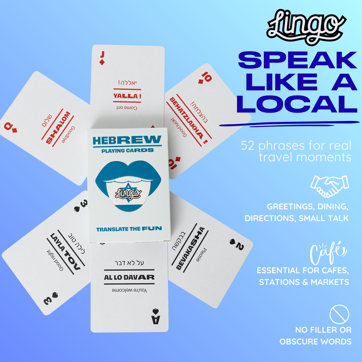 Lingo Hebrew Playing Cards – Learn Hebrew 52 Phrase Deck