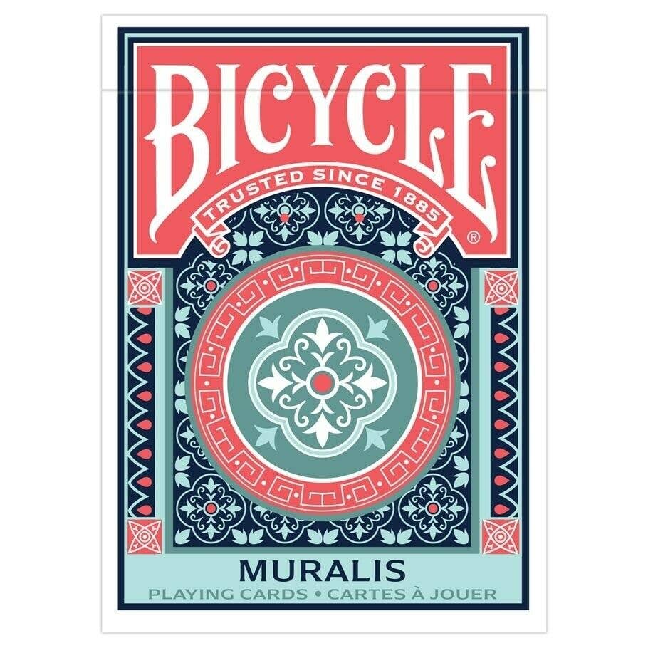 OUTLAW CARDS Bicycle Muralis playing cards tuck box featuring Mediterranean mosaic tile patterns in blue and terracotta.