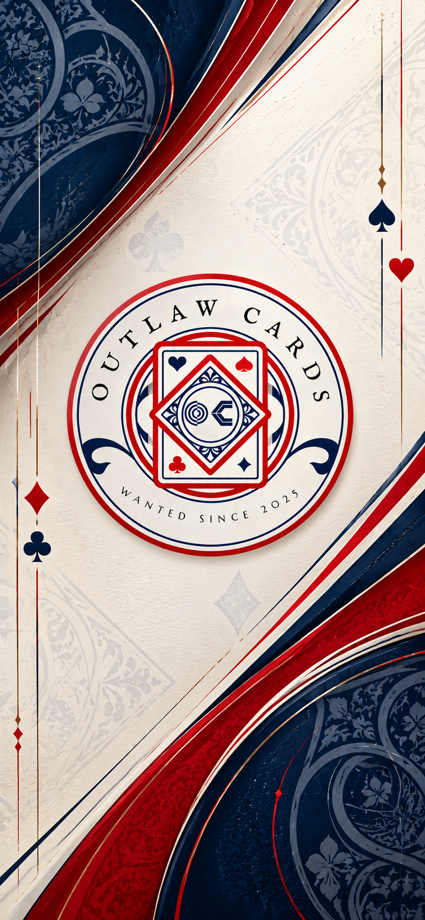 Outlaw Cards logo with navy, red and cream playing card artwork